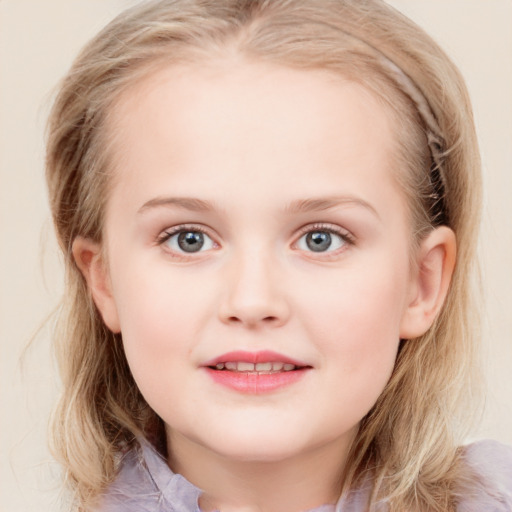 Joyful white child female with medium  brown hair and blue eyes