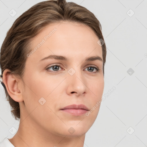 Neutral white young-adult female with short  brown hair and brown eyes