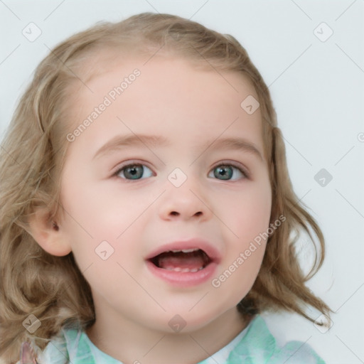 Neutral white child female with medium  brown hair and blue eyes