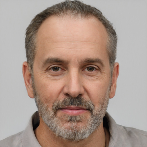 Neutral white middle-aged male with short  brown hair and brown eyes