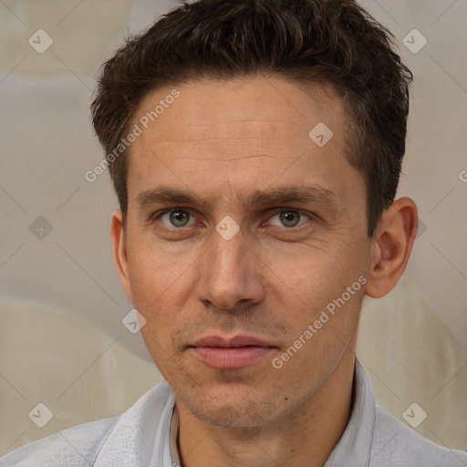 Joyful white adult male with short  brown hair and brown eyes