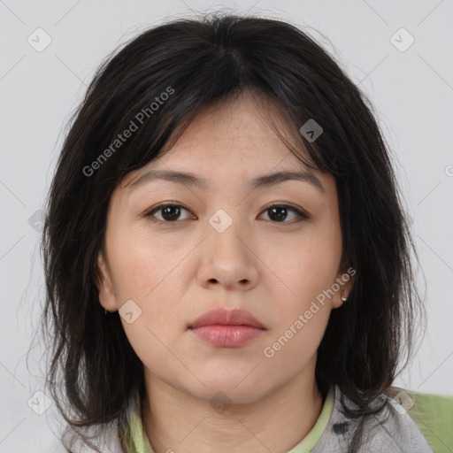 Neutral asian young-adult female with medium  brown hair and brown eyes