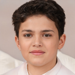 Joyful white child female with short  brown hair and brown eyes