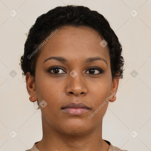 Neutral black young-adult female with short  brown hair and brown eyes