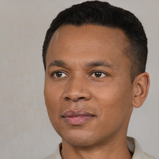 Neutral black young-adult male with short  black hair and brown eyes