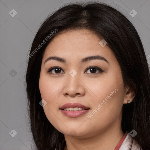 Joyful white young-adult female with long  brown hair and brown eyes