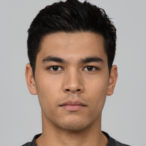 Neutral asian young-adult male with short  black hair and brown eyes