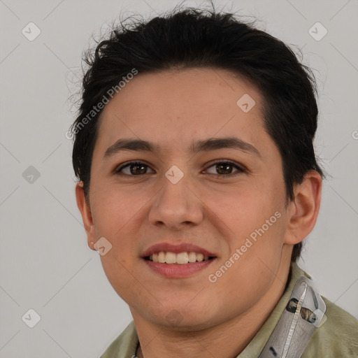 Joyful white young-adult female with short  brown hair and brown eyes