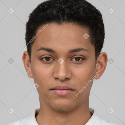 Neutral latino young-adult male with short  brown hair and brown eyes