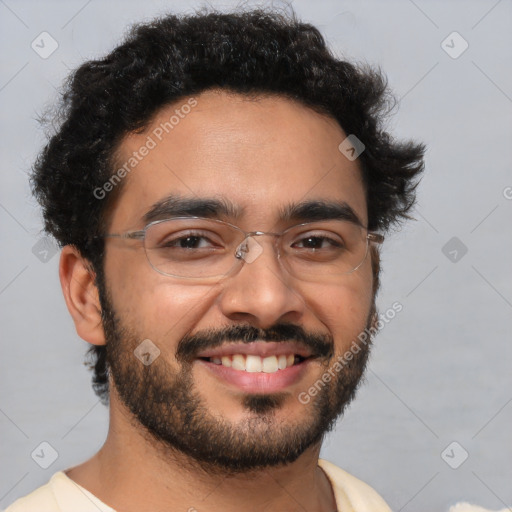 Joyful latino young-adult male with short  brown hair and brown eyes