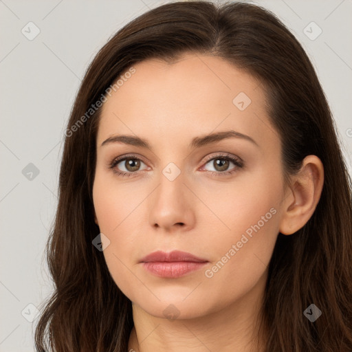 Neutral white young-adult female with long  brown hair and brown eyes