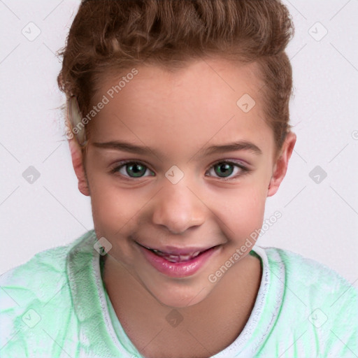Joyful white child female with short  brown hair and brown eyes