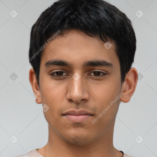 Neutral latino young-adult male with short  black hair and brown eyes