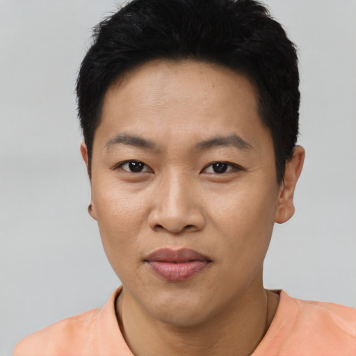 Neutral asian young-adult male with short  black hair and brown eyes