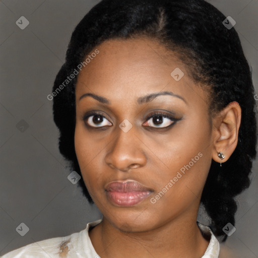 Neutral black young-adult female with short  black hair and brown eyes