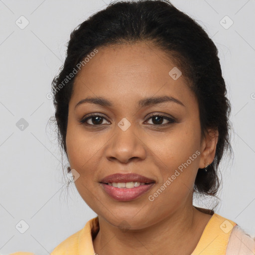 Joyful latino young-adult female with medium  brown hair and brown eyes