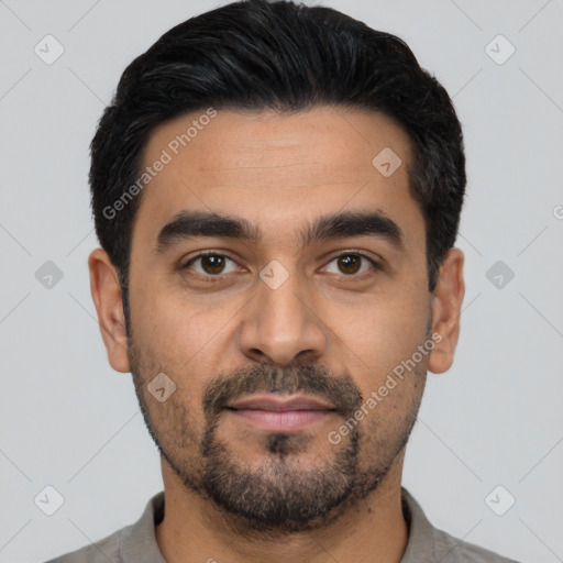 Neutral latino young-adult male with short  black hair and brown eyes