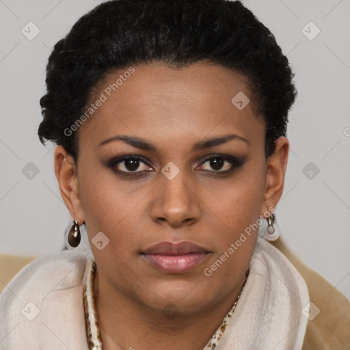 Neutral black young-adult female with short  brown hair and brown eyes