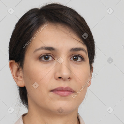 Neutral white young-adult female with medium  brown hair and brown eyes