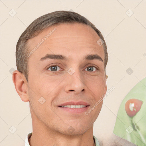 Joyful white young-adult male with short  brown hair and brown eyes