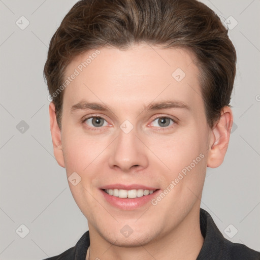 Joyful white young-adult female with short  brown hair and grey eyes