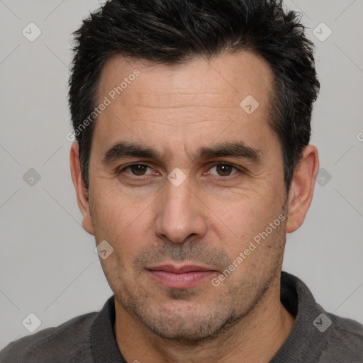 Neutral white adult male with short  black hair and brown eyes