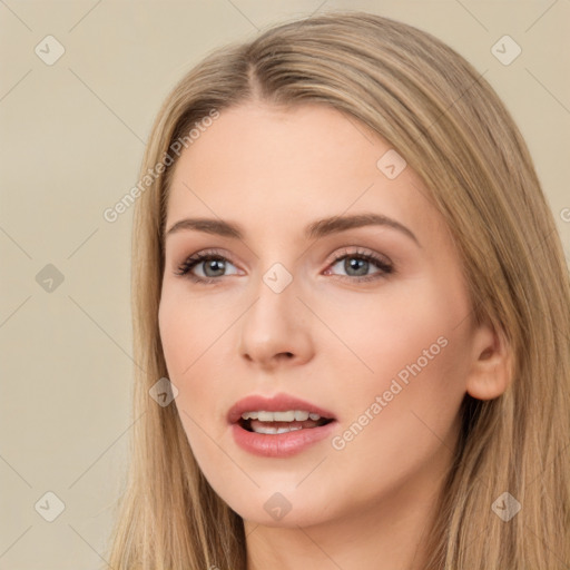 Neutral white young-adult female with long  brown hair and brown eyes