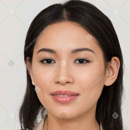 Joyful white young-adult female with medium  black hair and brown eyes