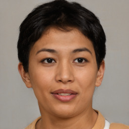 Joyful asian young-adult female with short  brown hair and brown eyes