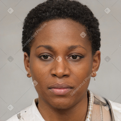 Neutral black young-adult female with short  brown hair and brown eyes