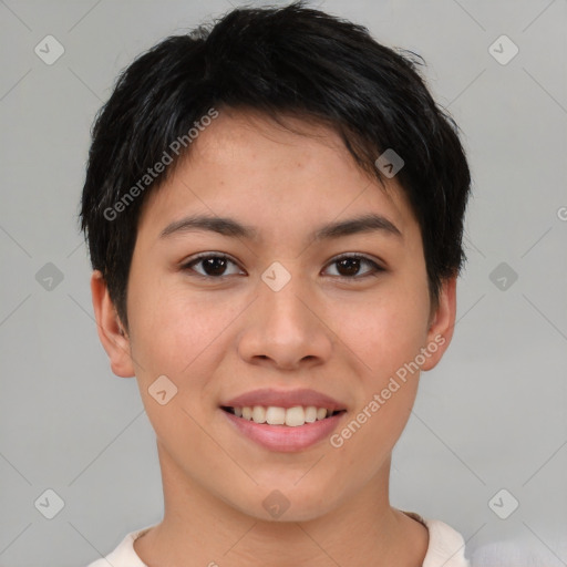 Joyful asian young-adult female with short  brown hair and brown eyes