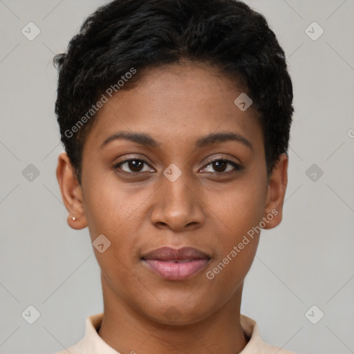 Joyful latino young-adult female with short  brown hair and brown eyes