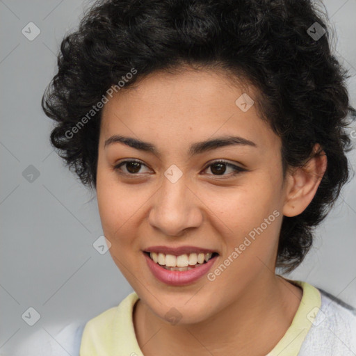 Joyful latino young-adult female with short  brown hair and brown eyes