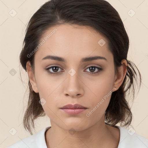 Neutral white young-adult female with medium  brown hair and brown eyes