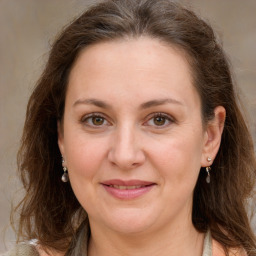 Joyful white adult female with long  brown hair and grey eyes