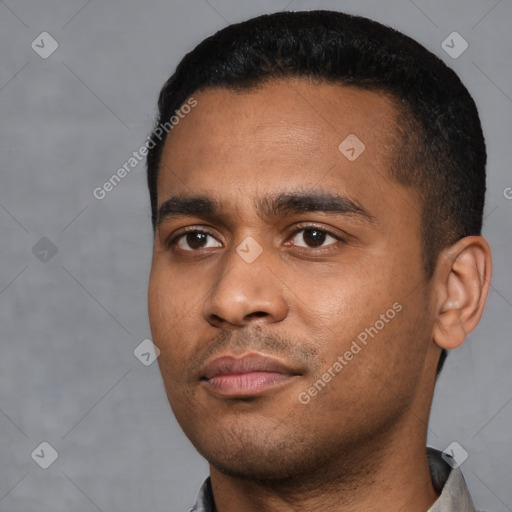 Neutral black young-adult male with short  black hair and brown eyes
