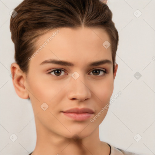 Neutral white young-adult female with short  brown hair and brown eyes