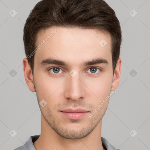 Neutral white young-adult male with short  brown hair and brown eyes