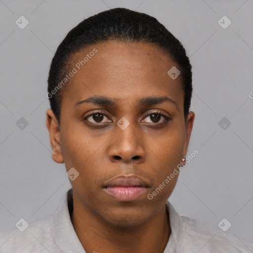 Neutral black young-adult female with short  black hair and brown eyes