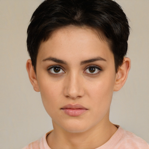 Neutral white young-adult female with short  brown hair and brown eyes