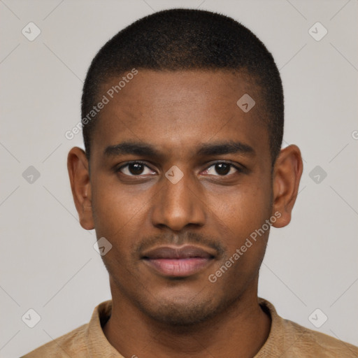 Neutral black young-adult male with short  brown hair and brown eyes