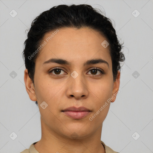 Neutral latino young-adult female with short  black hair and brown eyes