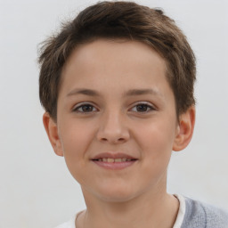 Joyful white child female with short  brown hair and brown eyes