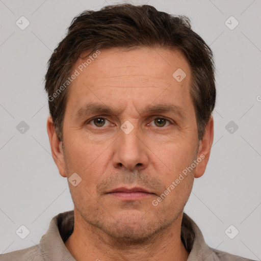 Neutral white adult male with short  brown hair and brown eyes