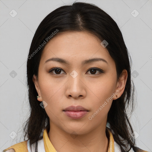 Neutral asian young-adult female with medium  brown hair and brown eyes