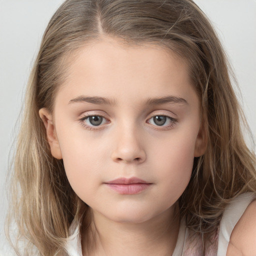 Neutral white child female with long  brown hair and grey eyes