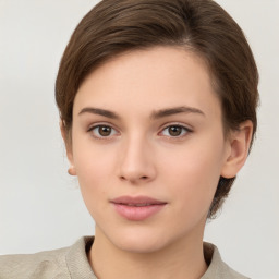 Neutral white young-adult female with short  brown hair and brown eyes