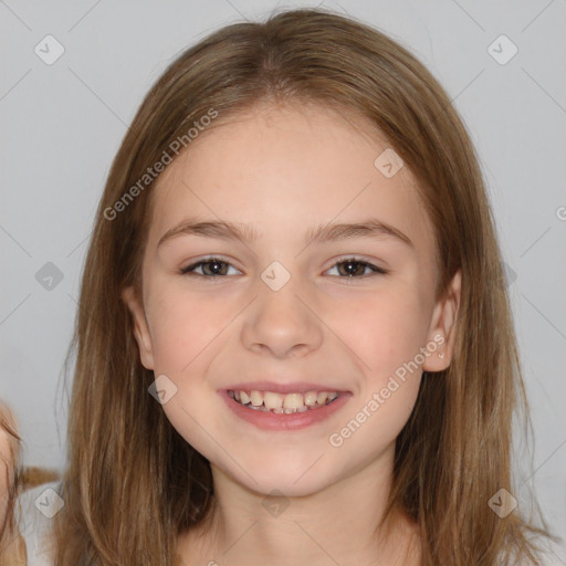 Joyful white child female with medium  brown hair and brown eyes