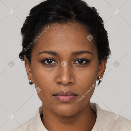 Neutral black young-adult female with short  black hair and brown eyes