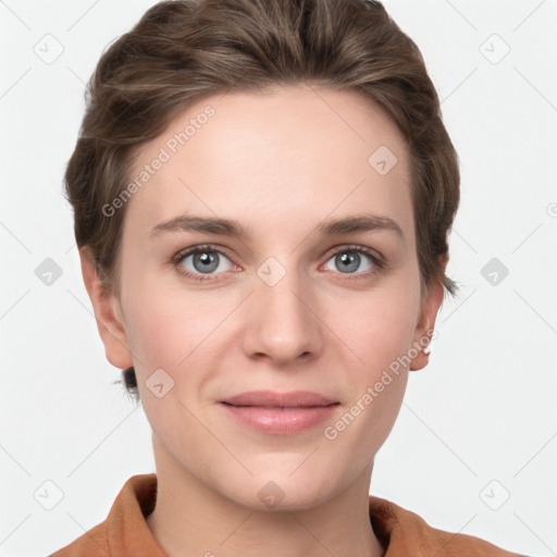 Joyful white young-adult female with short  brown hair and grey eyes